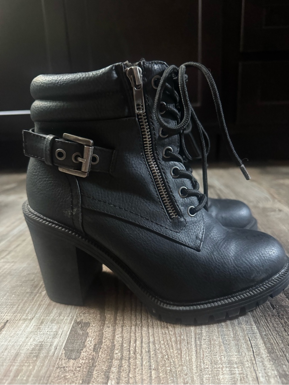 torrid Black Lace-Up Chunky Heel Ankle Boots with Buckle